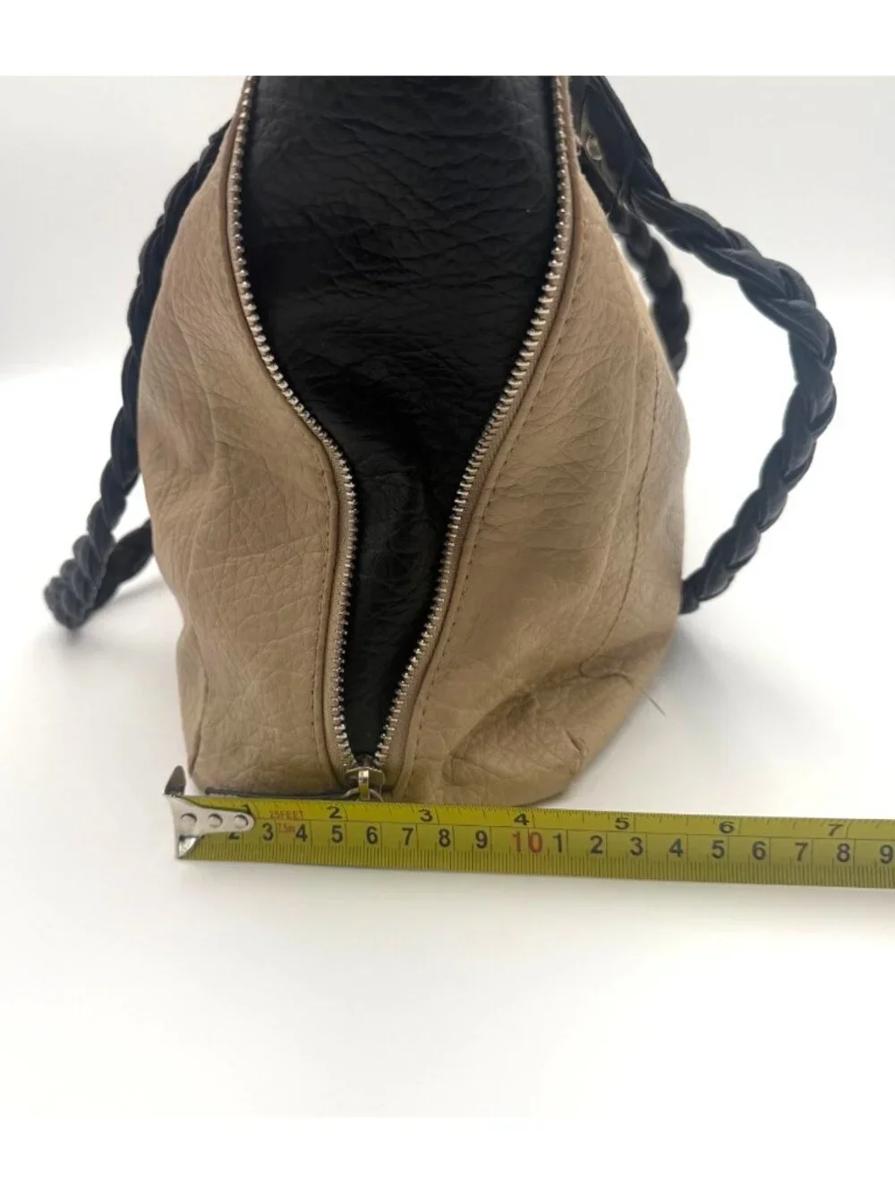 Rosetti Beige Black Braided Handle Satchel Shoulder Bag Faux Leather Purse